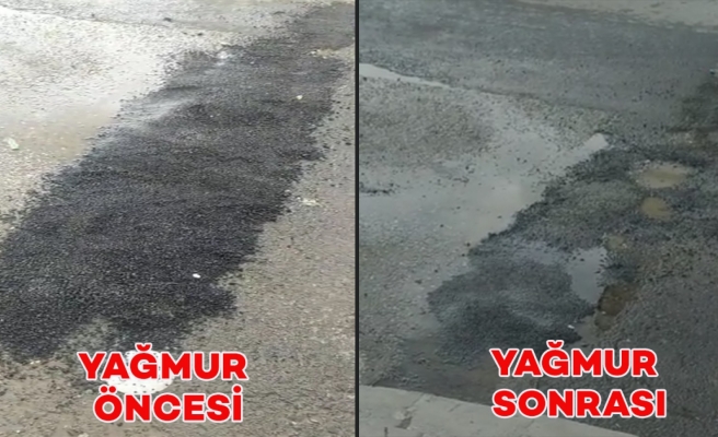 Asfalt dökülen yol yağmur sonrası eski haline döndü
