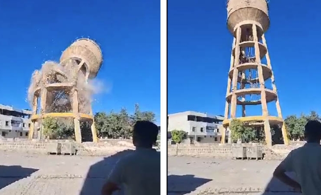 Viranşehir'de depremde hasar gören su kulesi kontrollü yıkıldı